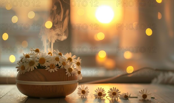 Chamomile essential oil diffuser in a cozy room, aromatherapy AI generated