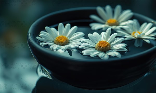 Daisies floating in a bowl of water, close up AI generated