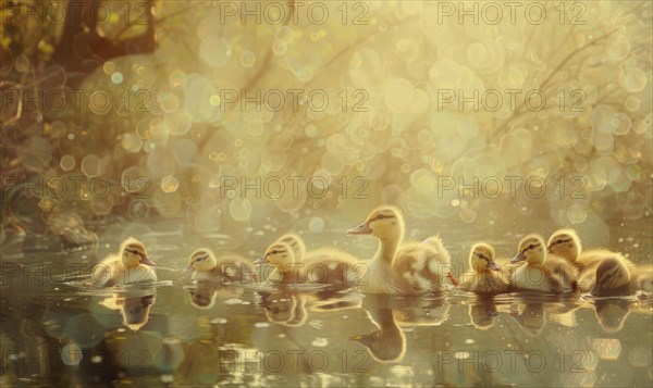 Ducklings swimming in a pond, close up view AI generated