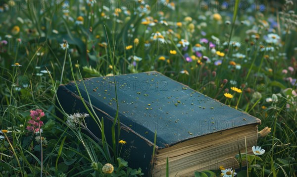 Old book lying on a grassy knoll surrounded by wildflowers AI generated