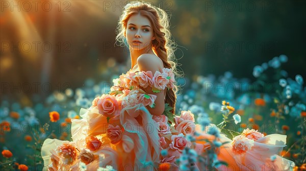 A mesmerizing scene capturing a woman adorned in a dress made of delicate flowers, standing amidst a vibrant field of blossoms, bathed in the golden hues of the setting sun, AI generated