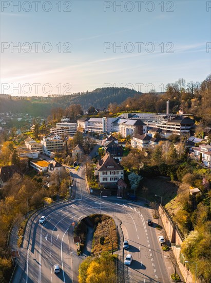 Bright sunset over a town embedded in a picturesque mountain landscape, Calw, Black Forest, Germany, Europe