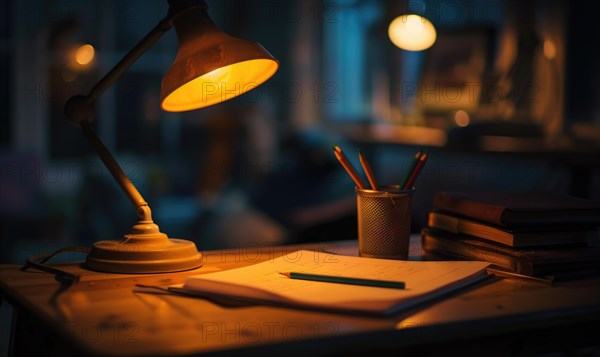 Graphite pencils and white paper illuminated by the soft glow of a desk lamp AI generated