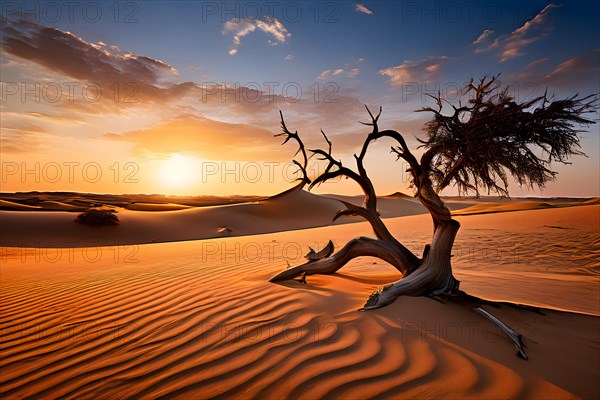 Saxaul tree branches stabilizing gobi desert sand dunes, AI generated