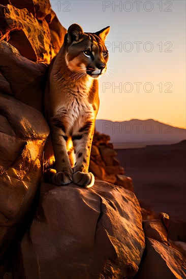 Puma perched atop a rugged rocky outcrop surveilling vast arid expanse of atacama desert, AI generated