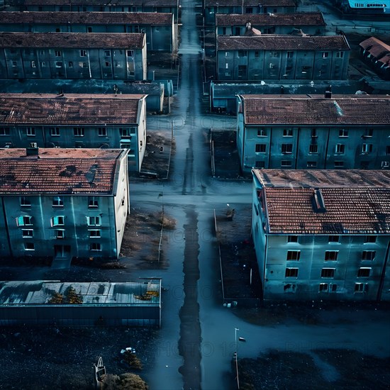 Aerial view of deserted military base featuring empty barracks and abandoned tanks in silent, AI generated