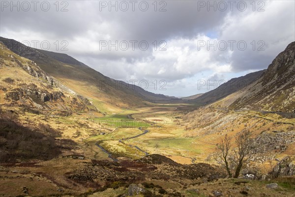 View of the valley at Pont Pen-y-benglog, Bethesda, Bangor, Snowdonia, Wales, Great Britain