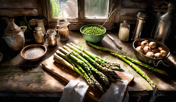 Green asparagus in a rustic farmhouse kitchen, AI generated, AI generated