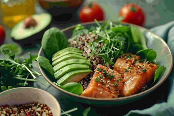 A healthy meal with slices of salmon, avocado, quinoa, and fresh greens on a plate, AI generated