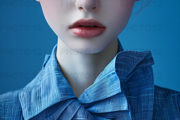 Close-up of a woman in a textured blue shirt with red lipstick, AI generated