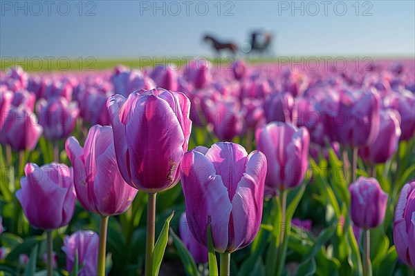 Field of pink tulips under a purple-hued sky at dawn with a windmill silhouette in the distance, AI generated