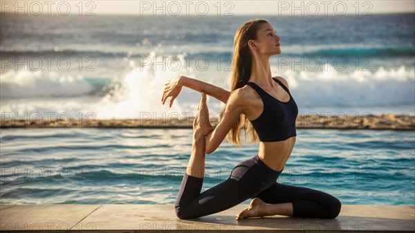 Woman in a yoga pose by a pool with the sea in the background, focusing on a stretch, AI generated