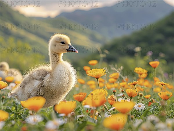 A fluffy chick stands among bright yellow flowers, AI generated, AI generated, AI generated