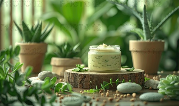 A blank jar mockup of aloe vera gel product placed atop a wooden produce podium AI generated