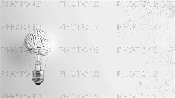 A light bulb with a brain as its filament set against a white background with geometric patterns, AI generated