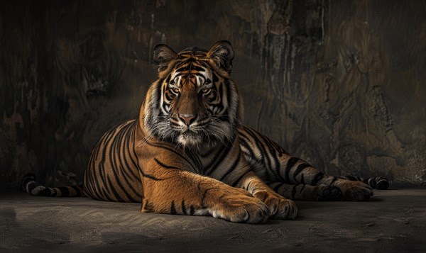 A Sumatran tiger lounging in a relaxed pose against a studio backdrop AI generated