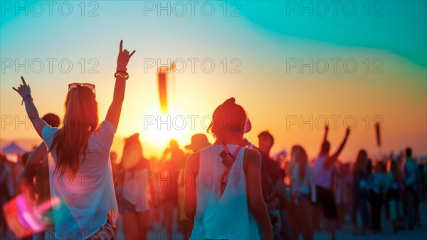 A group of people are standing on party a beach, with the sun setting in the background. Scene is energetic and lively, as the people are dancing and enjoying themselves. Generative AI, AI generated