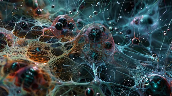 Intricate abstract 3D rendering of organic, network-like structures on a dark background, ai generated, AI generated