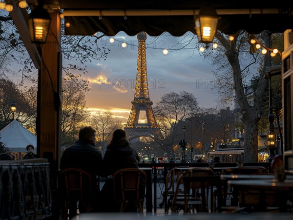Ein Paar geniesst den Blick auf den Eiffelturm bei Sonnenuntergang von einer Cafeterrasse aus, Lifestyle in Paris, Frankreich, AI generiert, AI generated