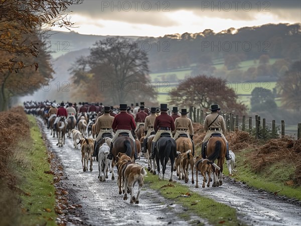 Traditional fox hunting with traditional clothing in England on horseback with dogs over hill and dale, AI generated