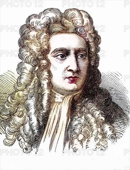 Sir Isaac Newton (born 4 January 1643 in Woolsthorpe-by-Colsterworth in Lincolnshire, died 31 March 1727 in Kensington) was an English physicist, astronomer and mathematician at the University of Cambridge and director of the Royal Mint, Historic, digitally restored reproduction from a 19th century original, Record date not stated
