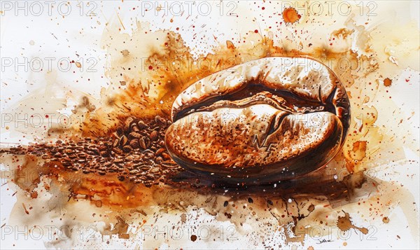 Vibrant watercolor painting of a coffee bean surrounded by coffee grounds AI generated