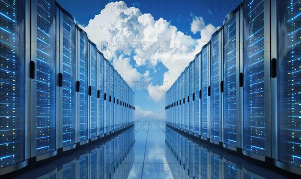 Cloud computing background with server racks and digital data streams AI generated