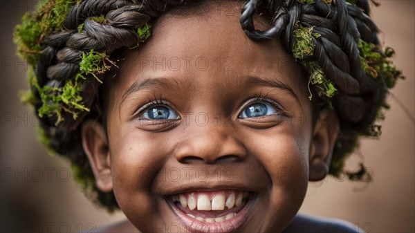 Portrait of a joyful boy with a crown of moss and curly hair, broad smile, earth day concept, AI generated