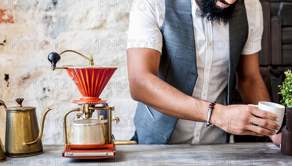 Smiling man preparing drip coffee with a retro grinder in a homely setting, horizontal, AI generated
