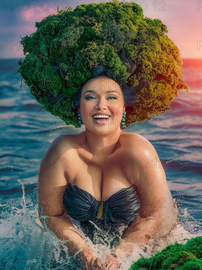 Ecstatic empowered plus size woman in black swimwear with a moss headdress in ocean splashes, earth day concept, AI generated