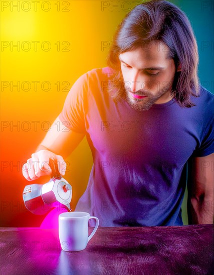 Man pouring from a moka pot with intense neon lighting and a blue and purple ambience, Vertical aspect ratio, AI generated