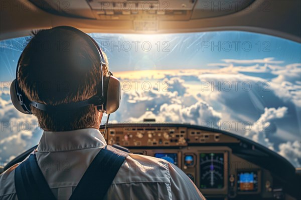 Back view of pilot in airplane cockpit. KI generiert, generiert, AI generated