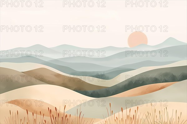 Serene, minimalistic landscape of layered hills under a pastel-colored sunrise, illustration, AI generated