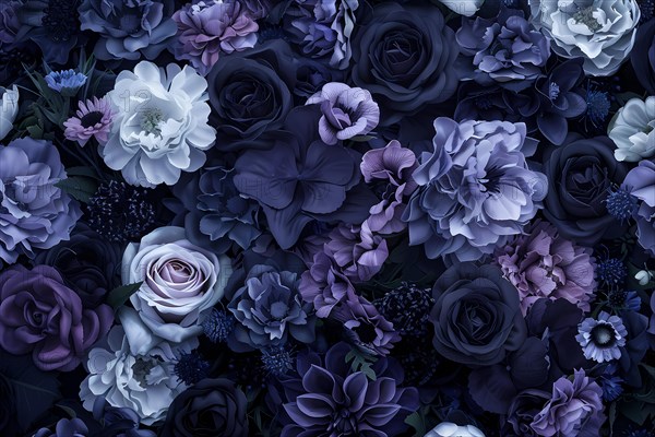 Rich floral pattern with an array of flowers in deep blues and purples set against a dark background, illustration, AI generated