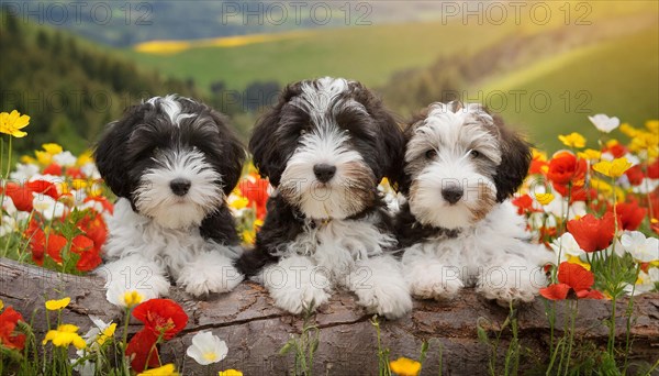 KI generated, animal, animals, mammal, mammals, one, single animal, bobtail, (Canis lupus familiaris), dog, dogs, bitch, dog breed from England, three young animals lying on a log in a meadow