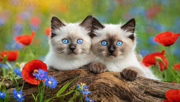 KI generated, animal, animals, mammal, mammals, cat, felidae (Felis catus), two kittens lying in a green meadow with flowers