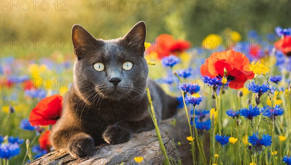 KI generated, animal, animals, mammal, mammals, cat, felidae (Felis catus), lying in a meadow with flowers, cornflowers, poppies