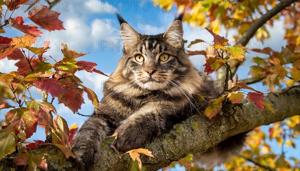 AI generated, animal, animals, mammal, mammals, cat, felidae (Felis catus), a colourful American Forest Cat, resting in a tree, autumn, autumn leaves