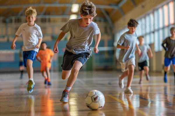 Pupils playing indoor football in a sports hall, sports lessons, AI generated, AI generated, AI generated