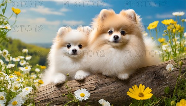 Ai generated, animal, animals, mammal, mammals, a, single animal, dwarf spitz, Spitz, (Canis lupus familiaris), dog, dogs, bitch, Pomeranians, a bitch and a puppy lying on a tree trunk in summer, flower meadow