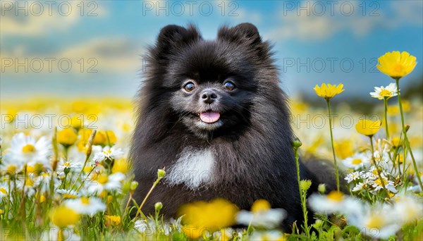 KI generated, animal, animals, mammal, mammals, one, single animal, dwarf spitz, Spitz, (Canis lupus familiaris), dog, dogs, bitch, Pomeranians, black puppy, flower meadow