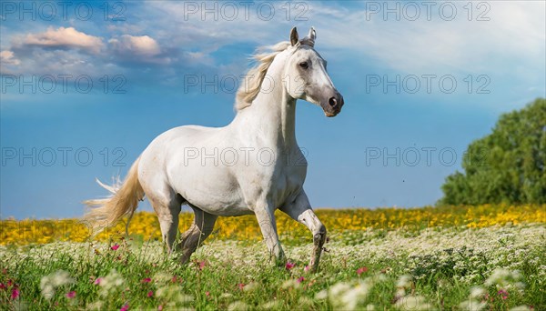 KI generated, A horse, horses, Arabian, in front of a blue sky, thoroughbred Arabian, AV, Arabian thoroughbred, (Eqqus ferus caballus), running in a meadow with colourful flowers