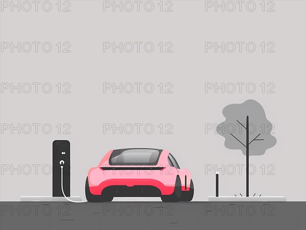 A minimalist illustration of a pink electric car at a charging station with a tree, illustration, AI generated