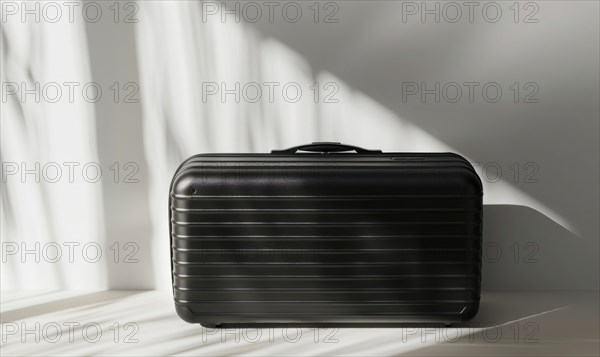 A modern black suitcase in a shadowy room, highlighted by streaks of light AI generated