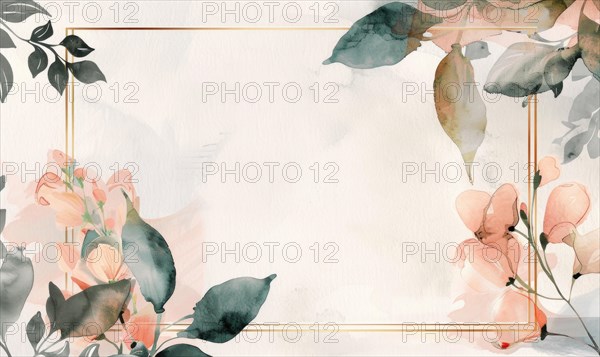 Thin golden frame on watercolor background, space for text AI generated