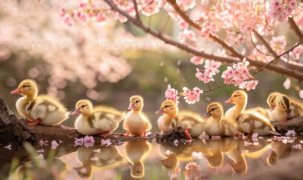 A group of fluffy ducklings waddling near a pond surrounded by blooming cherry trees. Spring nature, AI generated
