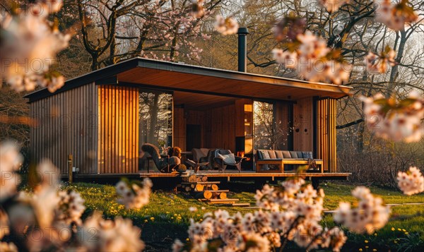 A modern wooden cabin with a cozy fireplace, surrounded by vibrant spring blossoms and lush vegetation in a garden oasis AI generated