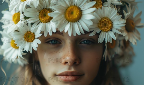 Daisies arranged in a floral crown, young woman in floral crown, nature beauty AI generated