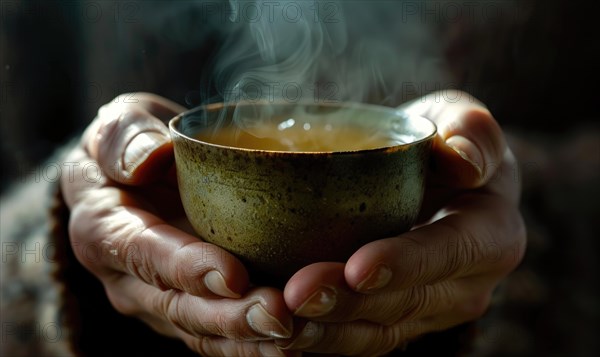 Hands holding a cup of steaming tea, close up view AI generated