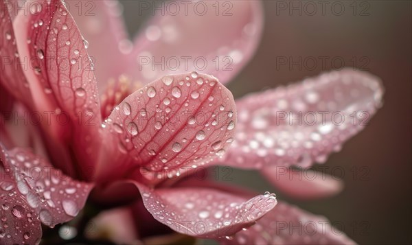 Magnolia blossom close-up with dewdrops glistening on the petals AI generated